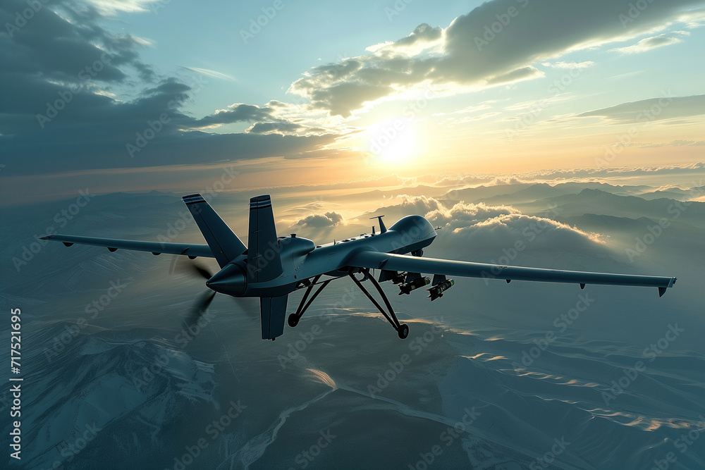 Naklejka premium Military drone with missiles flying in the sky, rear view