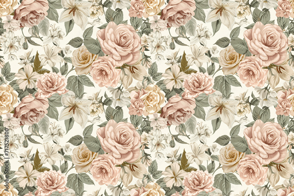 Elegant vintage floral seamless pattern featuring blooming roses and lilies with lush foliage on a pastel background, ideal for wallpaper or fabric design.