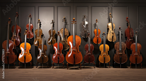 The image displayed is a detail from the Carmine Street Guitars shop in New York City on May 02, 2016. Vintage guitar collection, generative AI violins hanging in luthier workshop