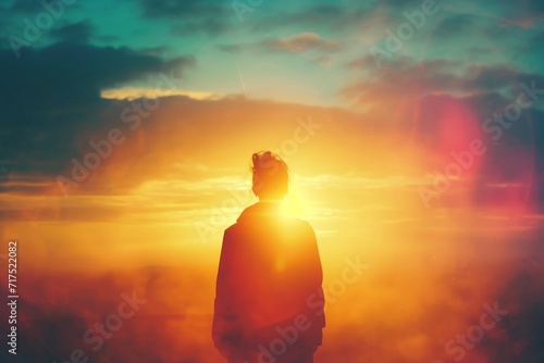 A person's silhouette against a colorful sunrise, symbolizing new beginnings and mental health awareness