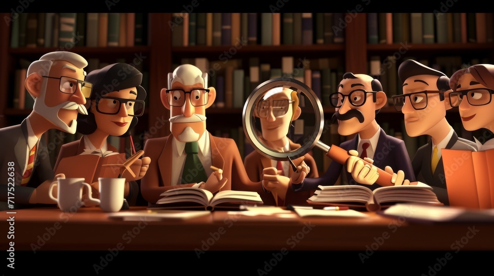 Cartoon scene of a book club meeting where the books are reading a murder mystery and one book is dramatically pointing a magnifying gl at the rest accusing them - obrazy, fototapety, plakaty 