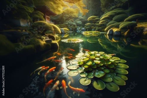 Beautiful Asian landscape with serene lake filled with koi fishes and lily lotus