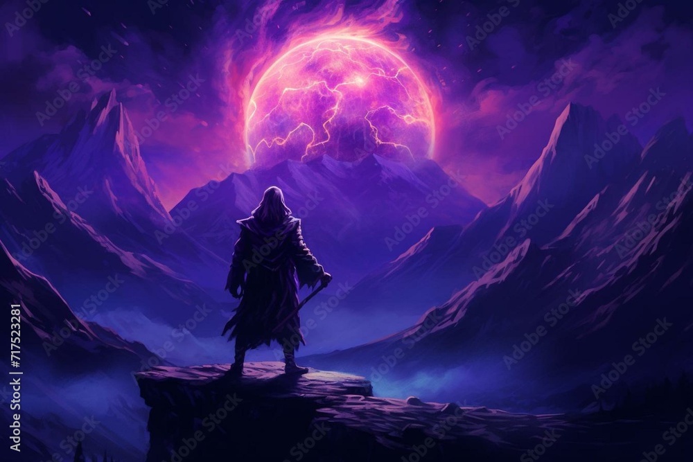 Shadowed sorcerer beside a blazing purple orb, against a mountain at night. Generative AI - obrazy, fototapety, plakaty 