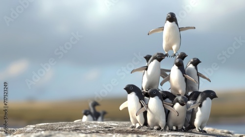 A group of penguins trying their best to mimic the tree pose with one tiny penguin comically balancing on top of anothers head.
