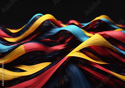 3d render, abstract geometric wallpaper of colorful wavy neon ribbon, yellow red blue glowing lines isolated on black background. Illustrations 00. photo