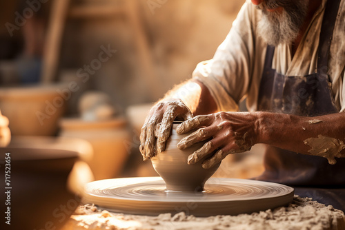 Generative AI Image of Old Man Making a Jug Craft from Clay on Pottery Wheel