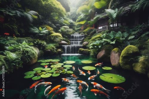 Beautiful Asian landscape with serene lake filled with koi fishes and lily lotus