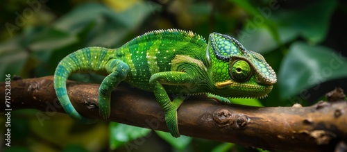 A chameleon in Africa's jungle, crawling on a branch, is green.