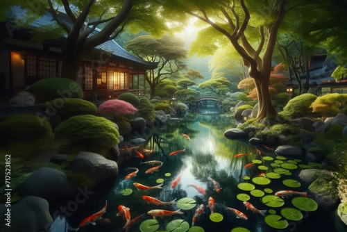 Beautiful Asian landscape with serene lake filled with koi fishes and lily lotus