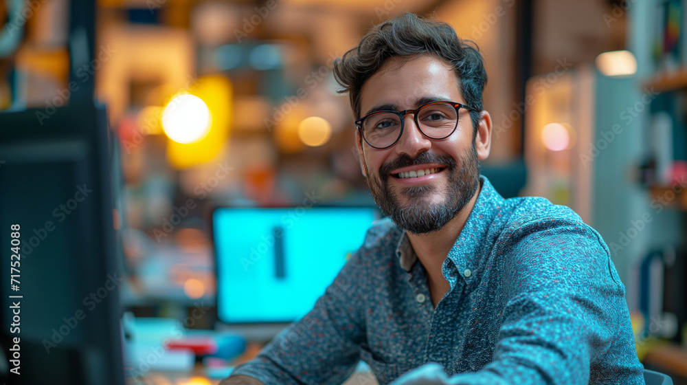 Obraz premium Male office worker wearing glasses look at the camera and smile.