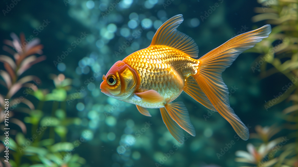 A small goldfish is swimming in a fish tank with aquatic plants.