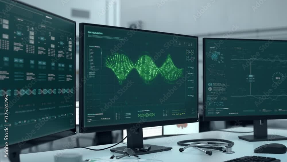 Medical diagnostic system is analyzing the DNA double helix structure. Medical diagnostic system is scanning through the DNA spiral. Medical diagnostic system analyzes the virtual DNA data. UI. Medical diagnostic system is analyzing the DNA double helix structure. Medical diagnostic system is scanning through the DNA spiral. Medical diagnostic system analyzes the virtual DNA data. UI.