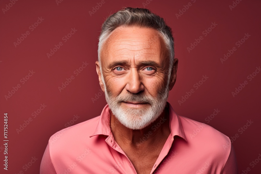 Handsome mature man in casual wear is looking at camera and smiling while standing against red background Handsome mature man in casual wear is looking at camera and smiling while standing against red background