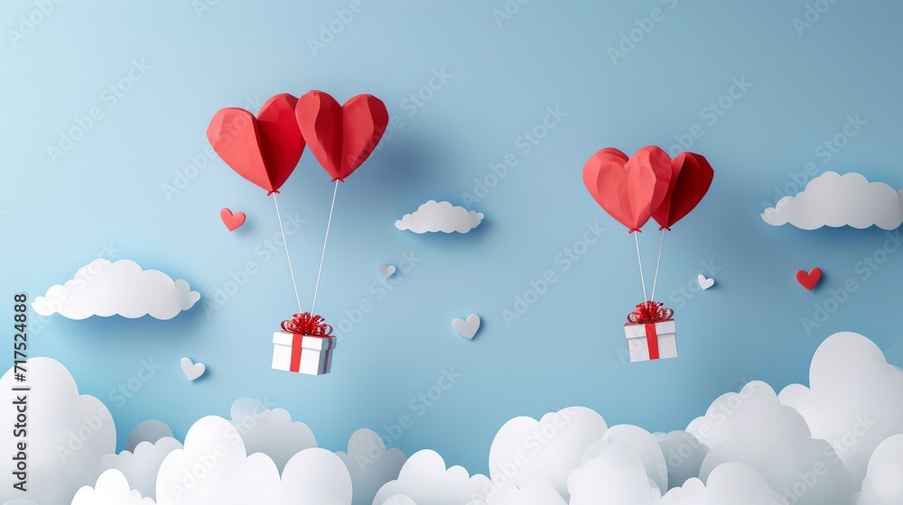 red heart shaped balloons carrying presents - paper art style valentines day concept