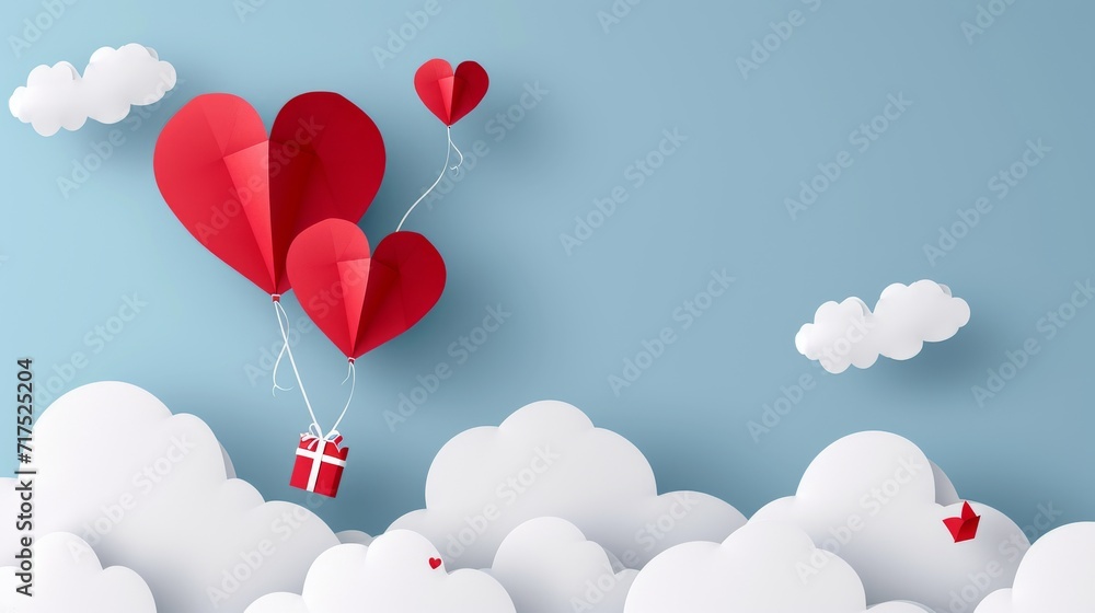 red heart shaped balloons carrying presents - paper art style valentines day concept