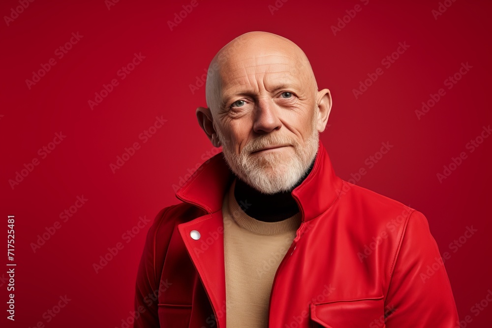 Portrait of an elderly man in a red jacket on a red background. Portrait of an elderly man in a red jacket on a red background.
