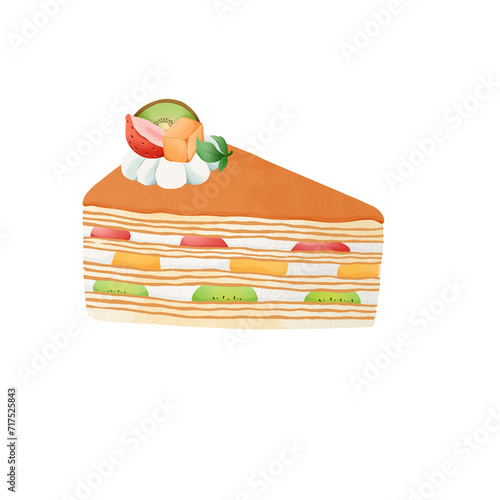 Fruit cake Watercolor illustration. Mille crepe cake with fruits and cream suitable for stationery and card