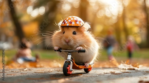 Cute mouse cartoon character. Funny hamster running, riding on electric scooter with helmet, park landscape background. Creative animal pet 3d digital art illustration, festive season halloween banner