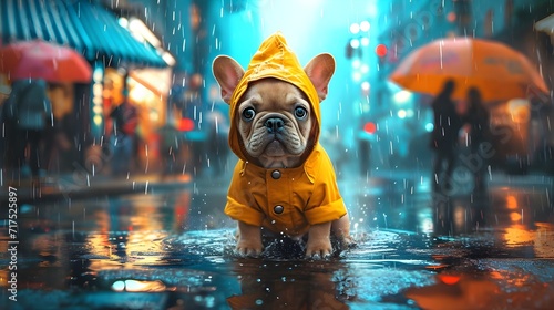 Cute french bulldog puppy in the rain, funny adorable dog posing in fashionable raincoat, umbrella cityscape background, pet in costume message greeting card wallpaper, creative animal concept.  photo