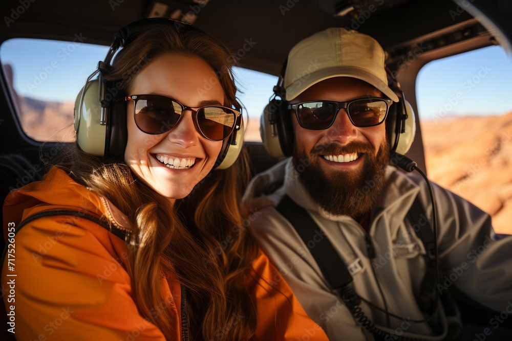 Couple on a helicopter tour of the Grand Canyon's majestic landscapes, Generative AI