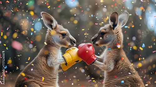 Kangaroo boxing, cute baby kangaroos wearing boxing gloves fight each other. Funny pet animal in costume joke message card banner background concept. photo