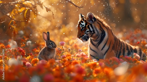 Adorable rabbit and tiger cub in nature  cute little bunny is playing with predator animal in flower field. Animal friendship love background wallpaper greeting card concept
