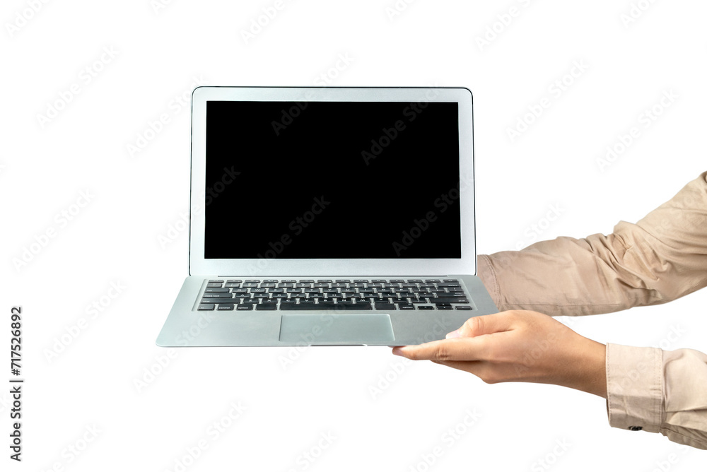 People hand holding laptops with a blank screen People hand holding laptops with a blank screen