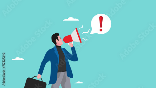Important announcement, attention or warning information, breaking news or urgent message communication, businessman announces in megaphone with attention exclamation mark concept vector illustration photo