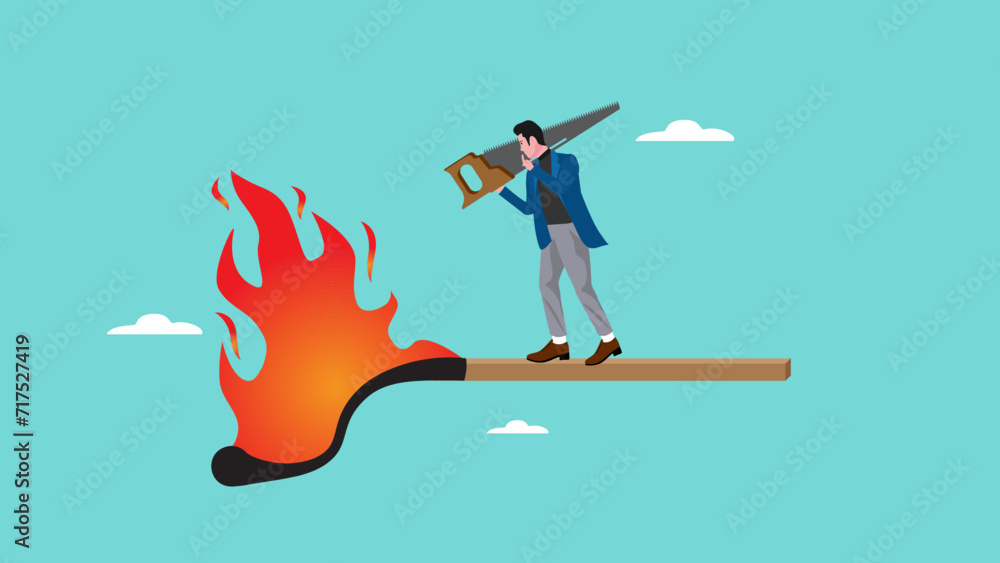 save assets from financial crisis or economic recession, stop loss to avoid market crash or banking collapse, businessman preparing to cut burning matchsticks so that the fire does not burn others