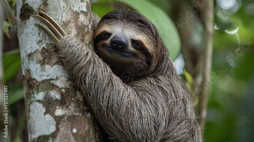 Closeup of a sleepy sloth slowly making its way up a tall tree its long claws tightly grasping onto the bark.