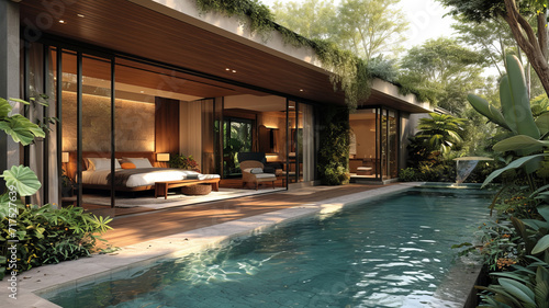 Luxurious poolside bedroom with modern design, blending comfort and nature, AI Generative. © Alisa