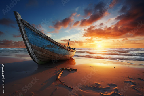 A stranded boat on a peaceful beach at sunset evokes a sense of solitude, AI Generative.