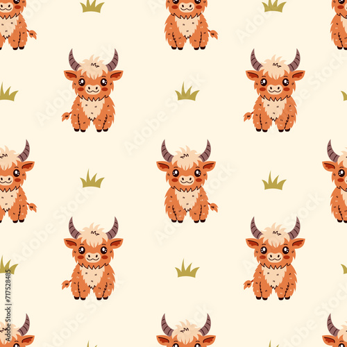Adorable highland cow seamless pattern. Childish repeat vector illustration with horned shaggy cattle. Baby animal and grass endless background for kids, organic food, farm and dairy products