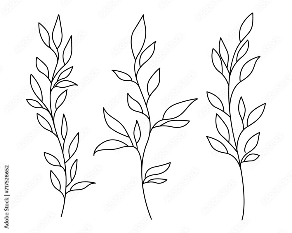 Naklejka premium Set of Black Sketch Silhouettes of Branches and Leaves on White Background. Minimal Line Art Hand Drawn Vector Botanical Elements Collection.