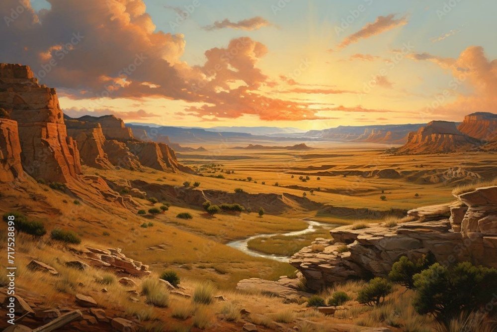 Beautiful painting depicts a wild west prairies canyon with stunning landscape. Generative AI - obrazy, fototapety, plakaty 