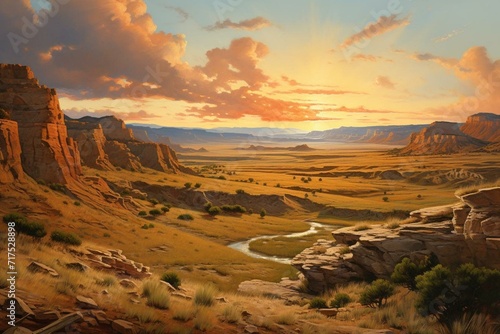 Beautiful painting depicts a wild west prairies canyon with stunning landscape. Generative AI photo