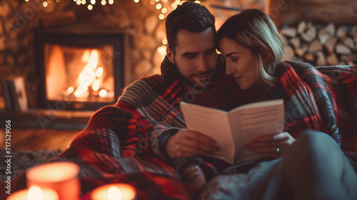 Cozy and charming snapshot of a couple sharing a blanket and reading love letters by the fireplace, Valentine's Day, fireside letters, hd, cozy with copy space
