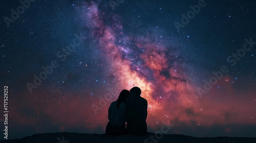 Intimate snapshot of a couple sharing a tender moment while stargazing, surrounded by the beauty of the night sky, Valentine's Day, stargazing love, hd, intimate with copy space photo