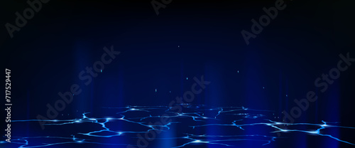 Ground surface with abstract light cracks. Vector realistic illustration of blue holes glowing on black background, mist and sparkling particles in air, magic energy effect, explosion demolition