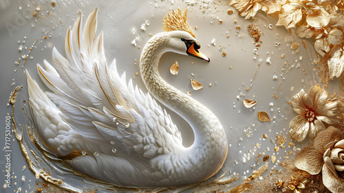 3D beautiful swan with gold wallpaper, generative ai