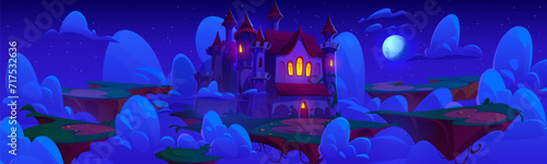 Night fairytale castle on floating island. Vector cartoon illustration of medieval fortress with towers and light in windows, pieces of land flying in clouds, moon glowing in starry sky, game ui