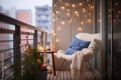 serene balcony with a papasan chair and fairy lights photo