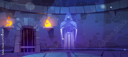Castle dungeon hall with iron gates or bars, torches with flames on brick or stone wall, male ghost guard in hood holding sword. Spooky haunted medieval palace basement corridor interior with monster.