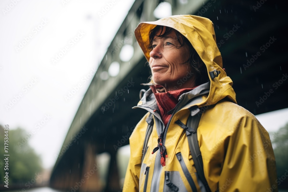 fisher in a raincoat during a drizzle on the river