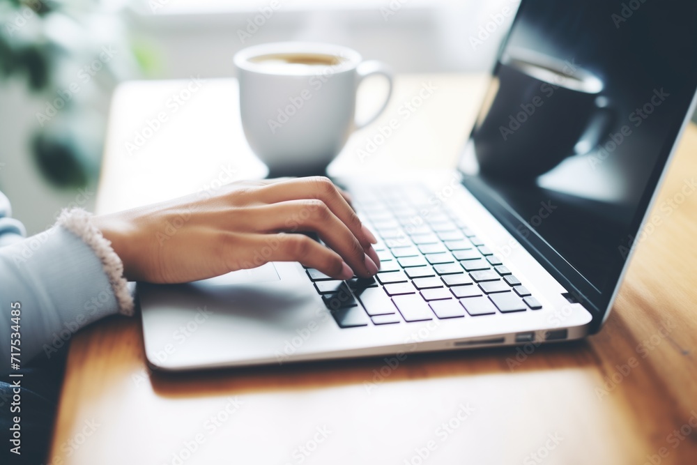closeup of hands typing on laptop with coffee cup nearby closeup of hands typing on laptop with coffee cup nearby
