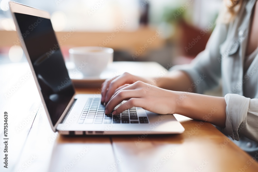 closeup of hands typing on laptop with coffee cup nearby closeup of hands typing on laptop with coffee cup nearby
