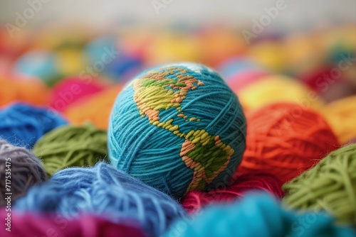 Planet earth made from colorful yarn, sustainable textiles eco-friendly fashion, zero waste and renewable energy in fashion industry