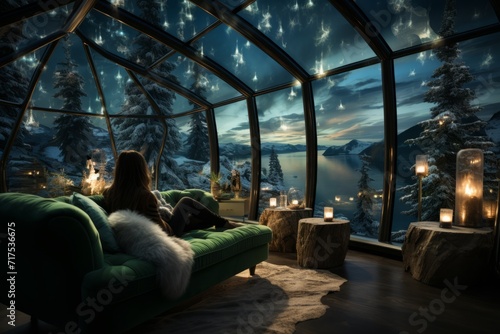 Traveler admiring the Northern Lights from a glass igloo in Lapland  Generative AI