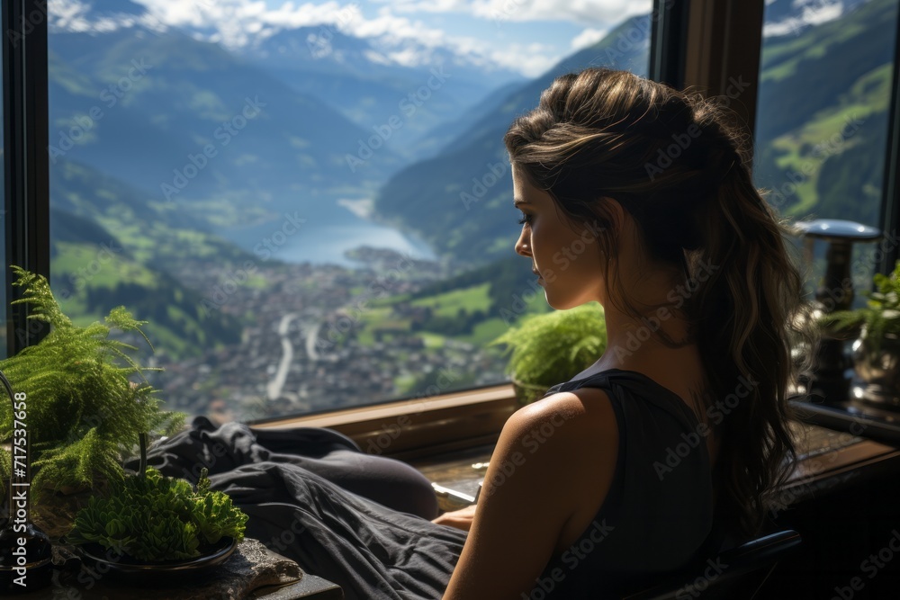 Traveler being pampered at a world-renowned spa in the Swiss mountains, Generative AI