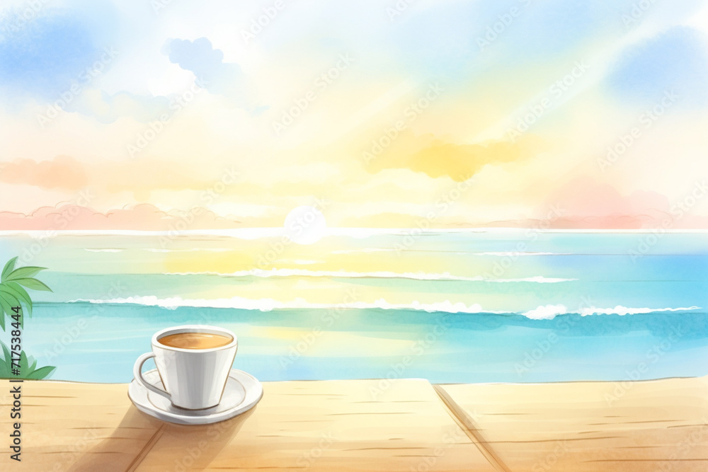 Coffee at sunrise Starting the day with a delicious cup by the ocean , cartoon drawing, water color style Coffee at sunrise Starting the day with a delicious cup by the ocean , cartoon drawing, water color style